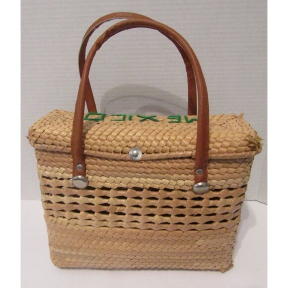 Vintage Mexican Woven Straw Purse Raffia Flowers Leather Straps Basket Box - Picture 5 of 10